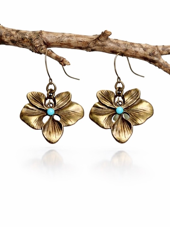 Artisan Jewelry - Turquoise Boho Brass Flower Earrings  Antique Bronze Floral Dangle Vintage Style